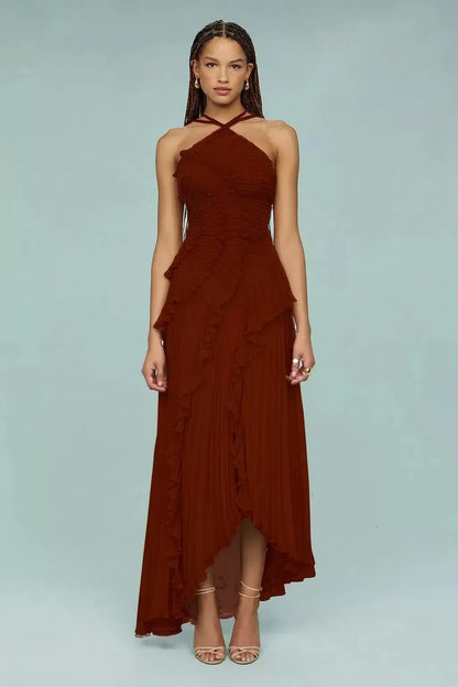 Women's Elegant Pleated Maxi Wedding Guest Dress with Halter Neck
