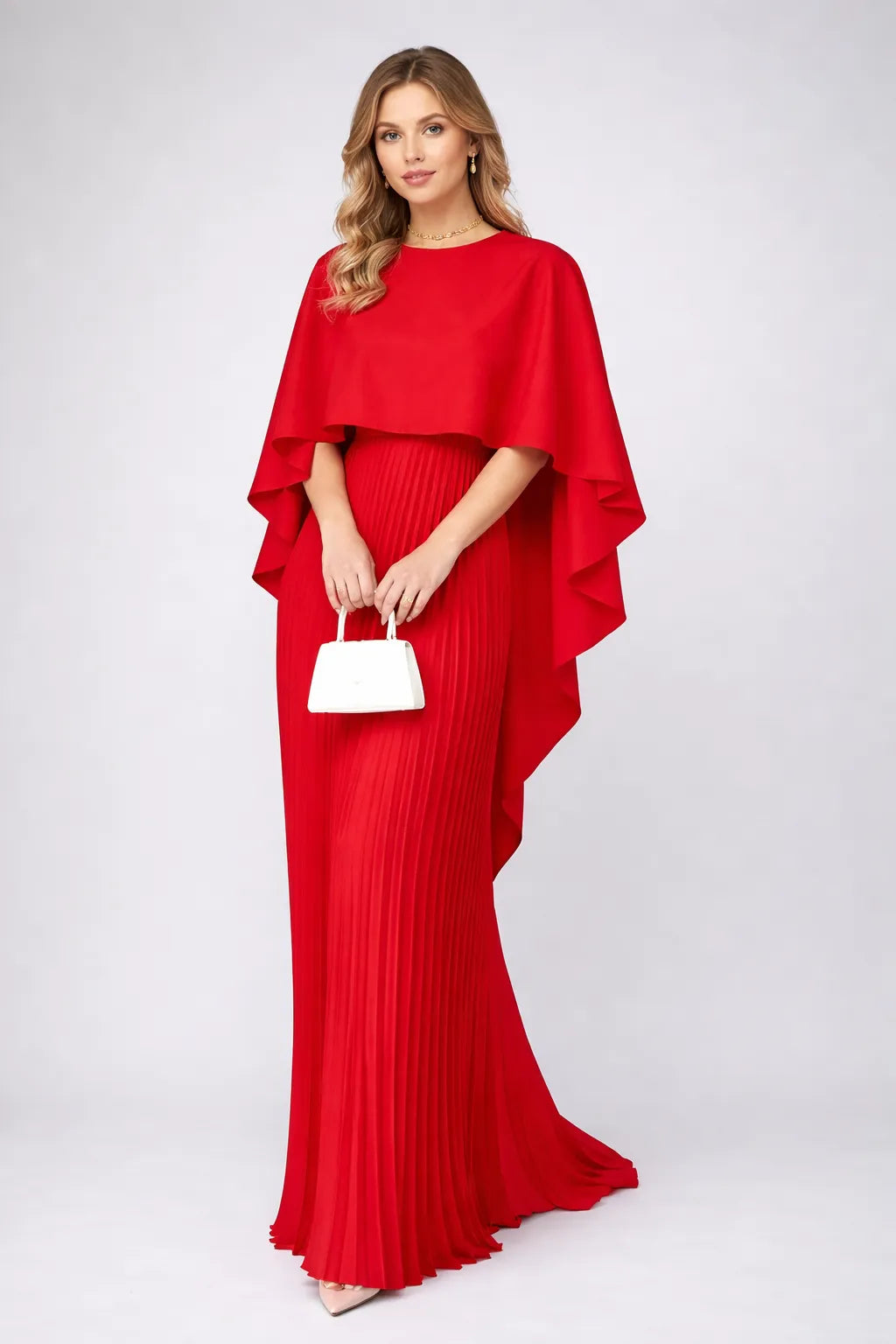 Women's Elegant Pleated Maxi Wedding Guest Dress with High Neck