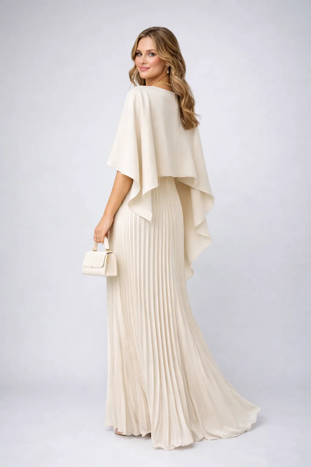 Women's Elegant Pleated Maxi Wedding Guest Dress with High Neck