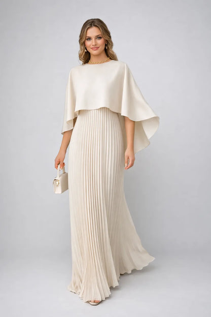 Women's Elegant Pleated Maxi Wedding Guest Dress with High Neck