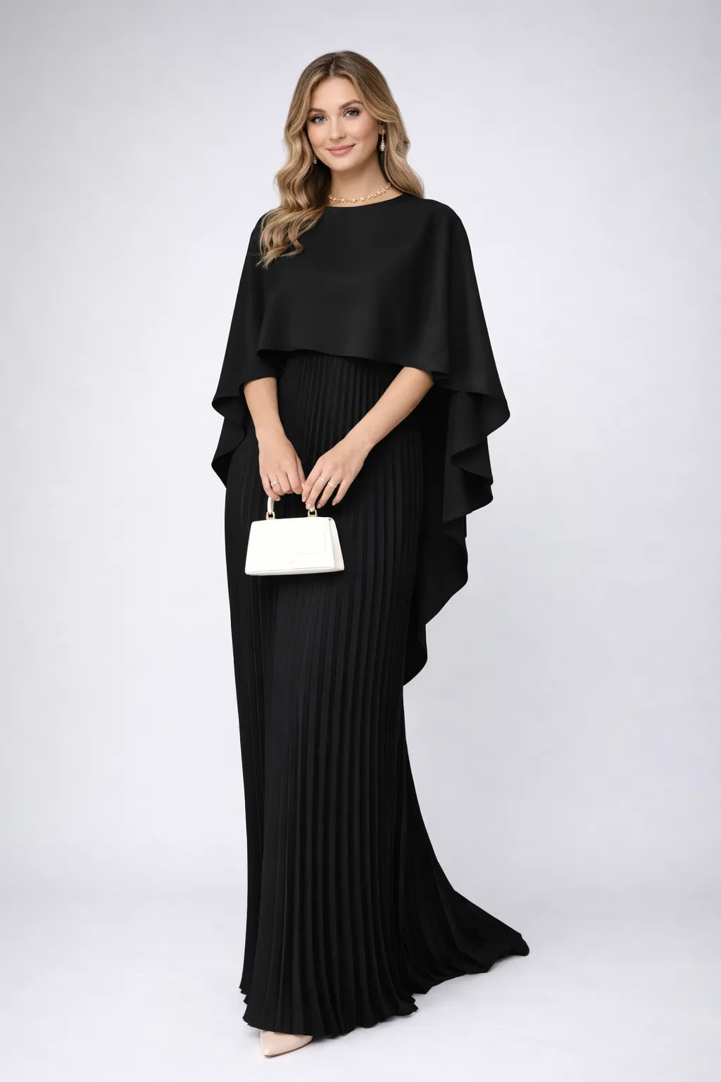 Women's Elegant Pleated Maxi Wedding Guest Dress with High Neck