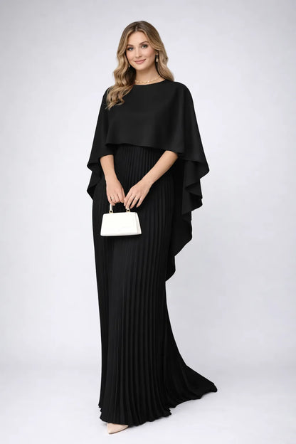 Women's Elegant Pleated Maxi Wedding Guest Dress with High Neck