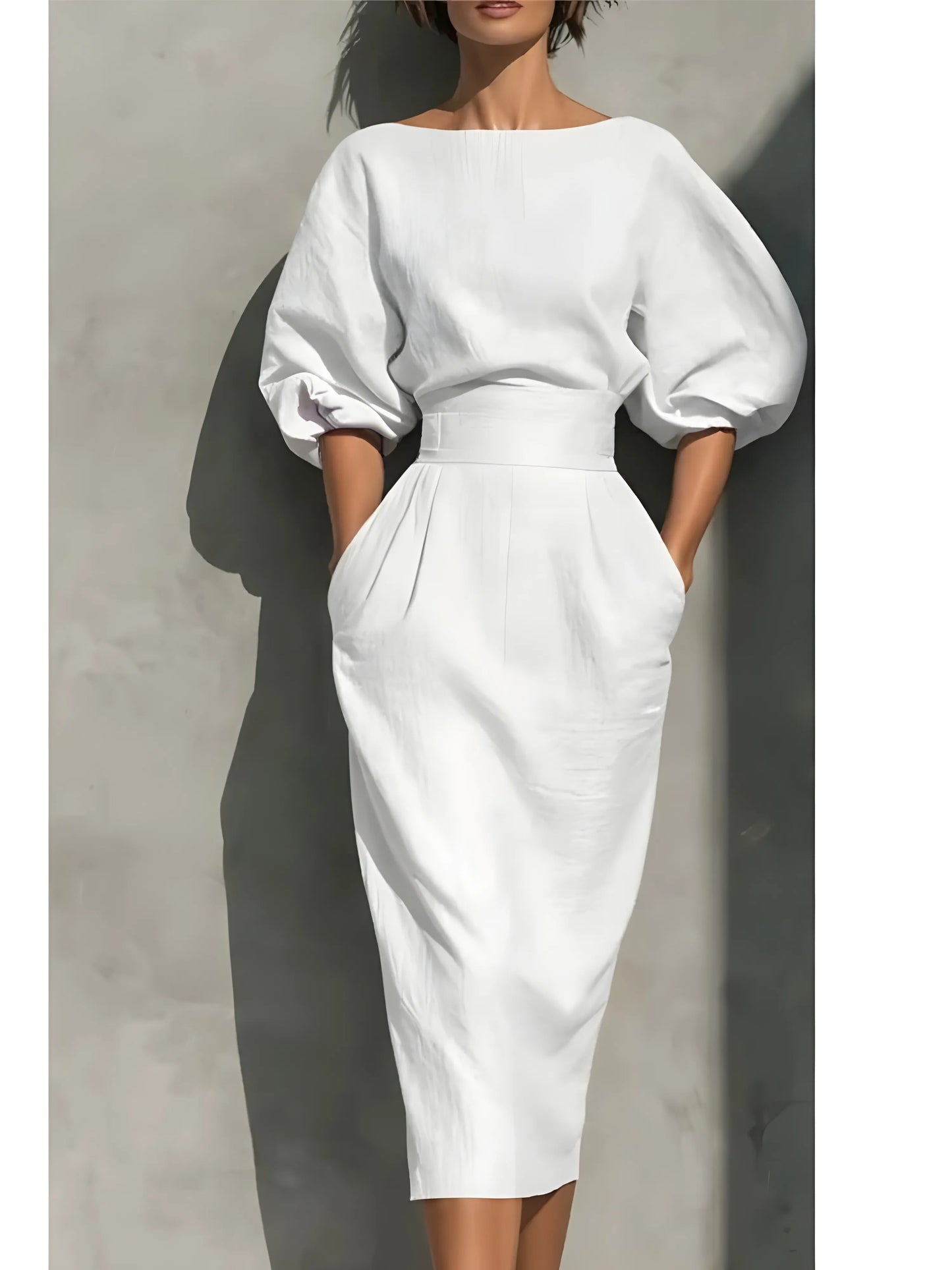 Women’s Elegant Pleated Maxi Wedding Guest Dress with Lantern Sleeves