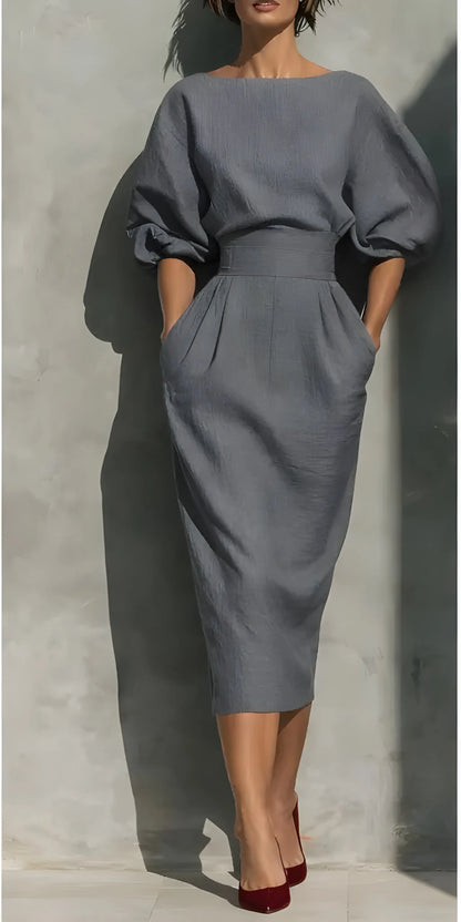 Women’s Elegant Pleated Maxi Wedding Guest Dress with Lantern Sleeves