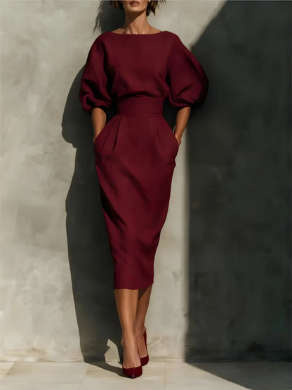 Women’s Elegant Pleated Maxi Wedding Guest Dress with Lantern Sleeves