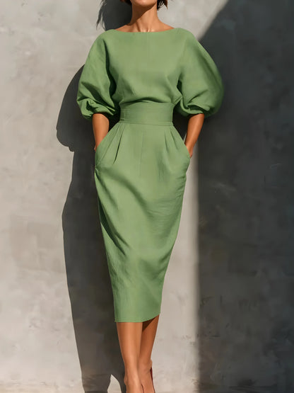 Women’s Elegant Pleated Maxi Wedding Guest Dress with Lantern Sleeves