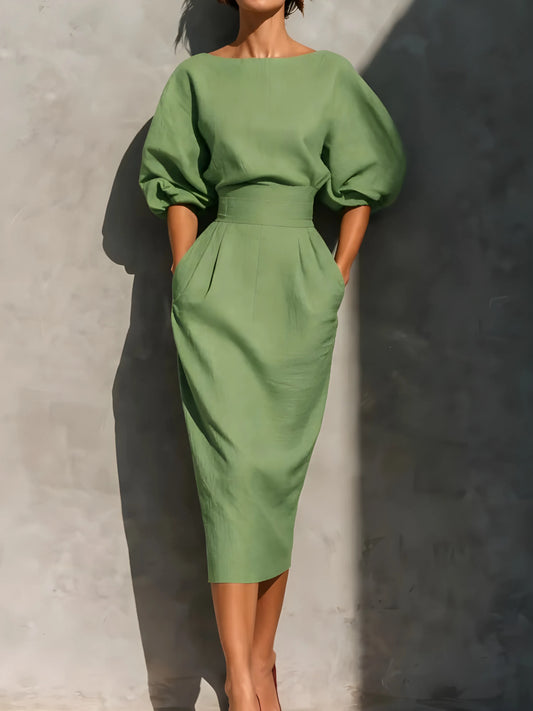Women’s Elegant Pleated Maxi Wedding Guest Dress with Lantern Sleeves