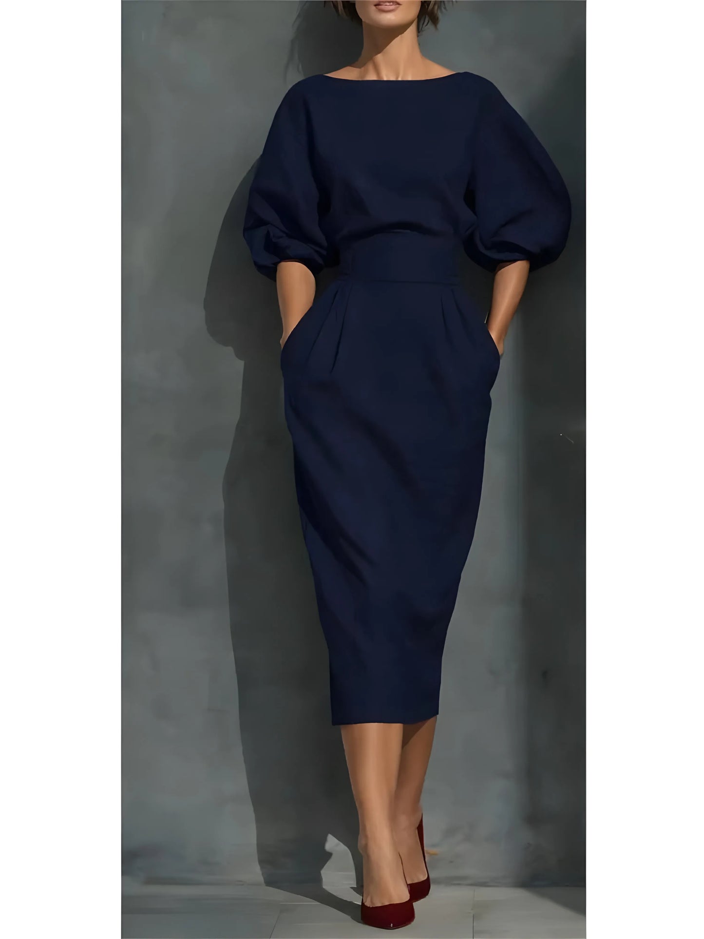 Women’s Elegant Pleated Maxi Wedding Guest Dress with Lantern Sleeves