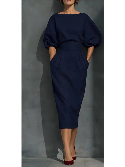 Women’s Elegant Pleated Maxi Wedding Guest Dress with Lantern Sleeves