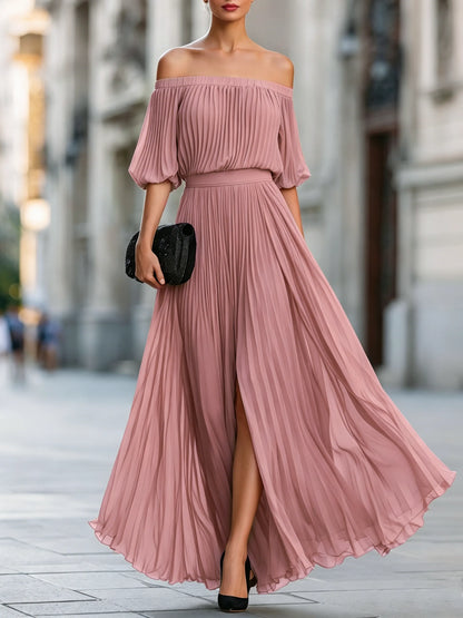 Women's Elegant Pleated Maxi Wedding Guest Dress with Slit
