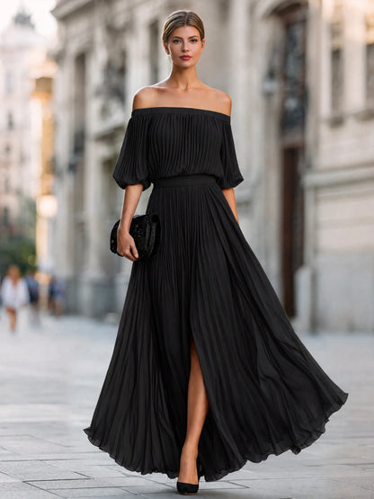 Women's Elegant Pleated Maxi Wedding Guest Dress with Slit