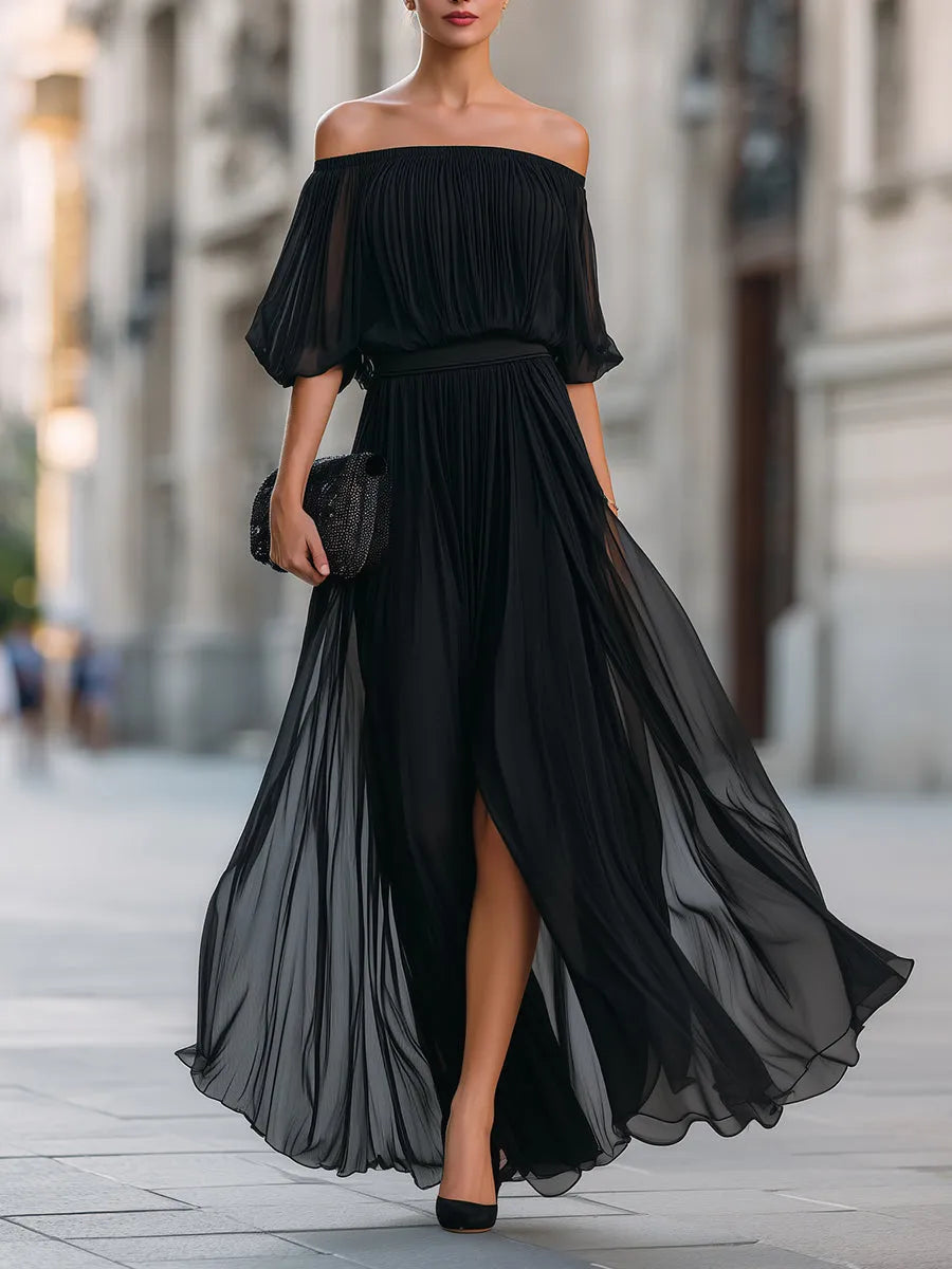 Women's Elegant Pleated Maxi Wedding Guest Dress with Slit