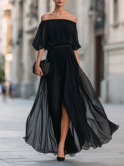 Women's Elegant Pleated Maxi Wedding Guest Dress with Slit