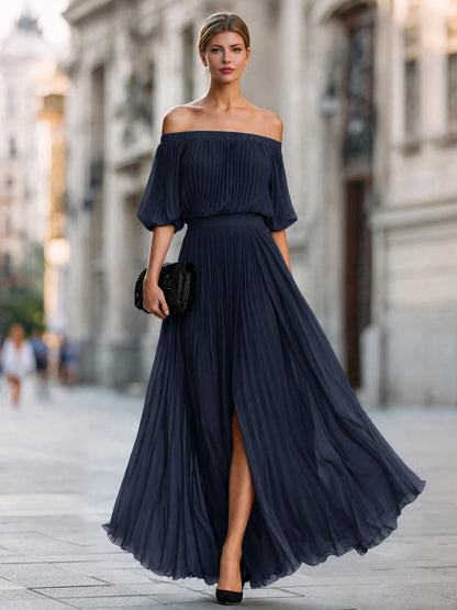 Women's Elegant Pleated Maxi Wedding Guest Dress with Slit