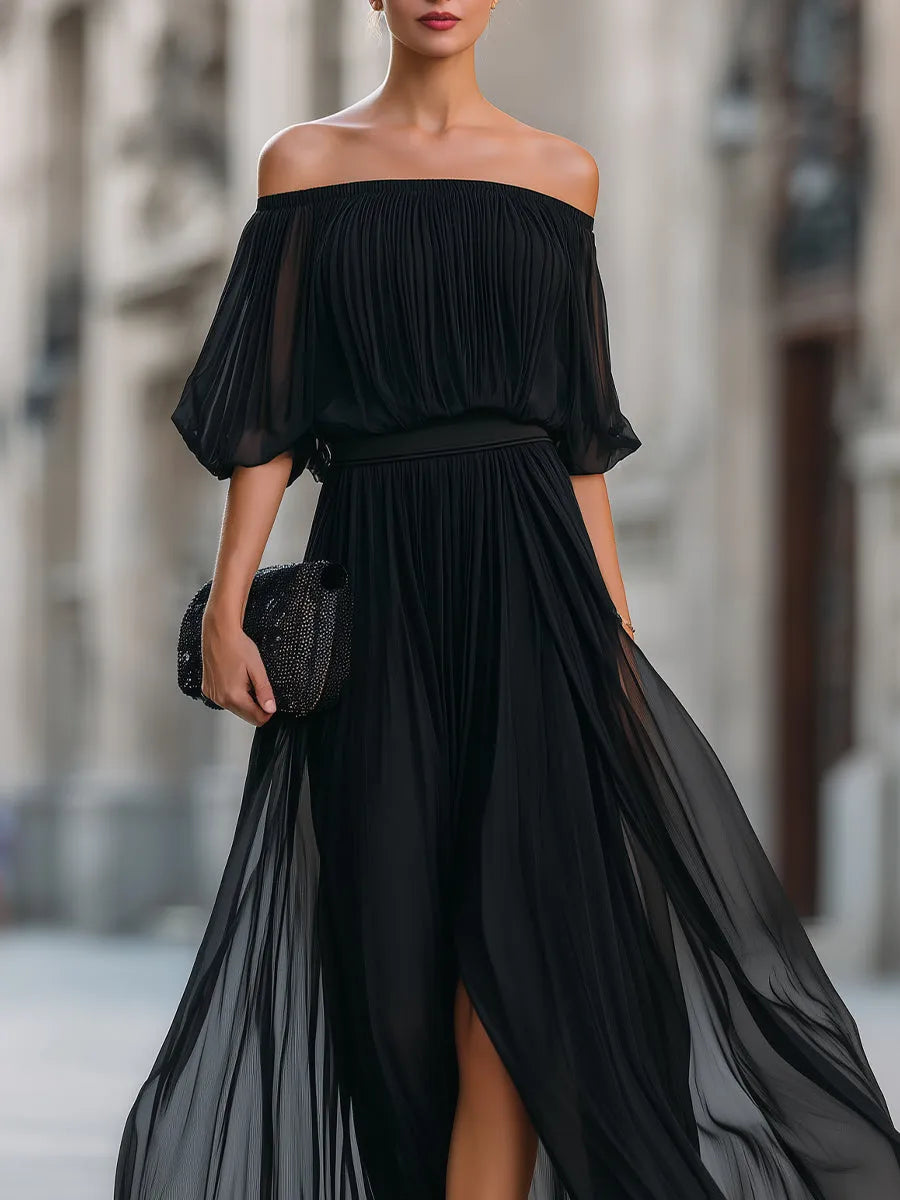 Women's Elegant Pleated Maxi Wedding Guest Dress with Slit