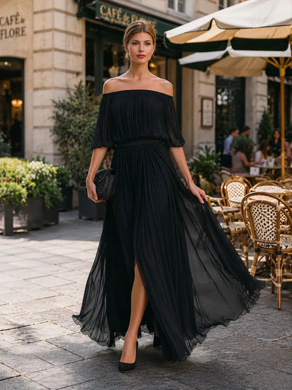 Women's Elegant Pleated Maxi Wedding Guest Dress with Slit