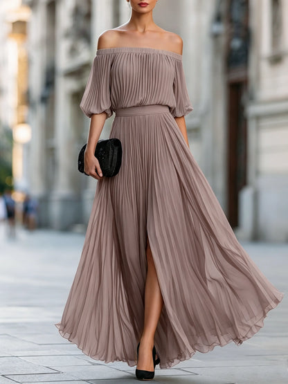 Women's Elegant Pleated Maxi Wedding Guest Dress with Slit
