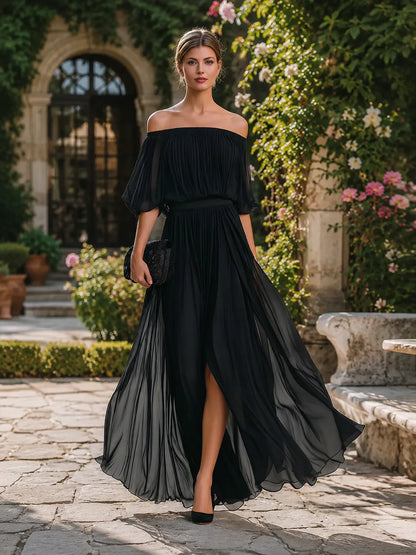 Women's Elegant Pleated Maxi Wedding Guest Dress with Slit