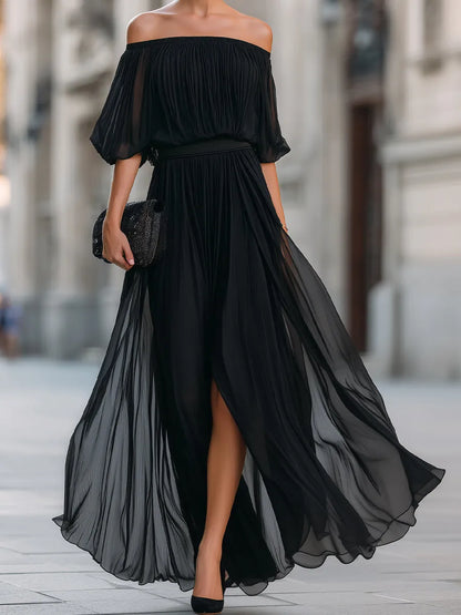 Women's Elegant Pleated Maxi Wedding Guest Dress with Slit