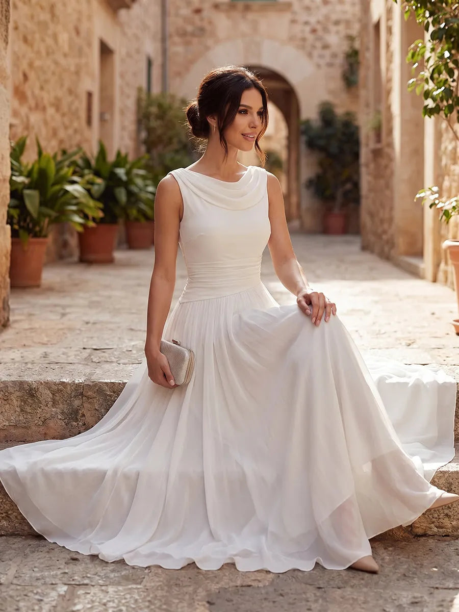 Women's Elegant Pleated Midi Wedding Guest Dress with Boat Neck