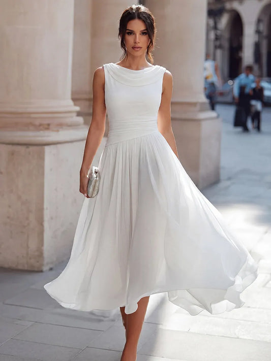 Women's Elegant Pleated Midi Wedding Guest Dress with Boat Neck