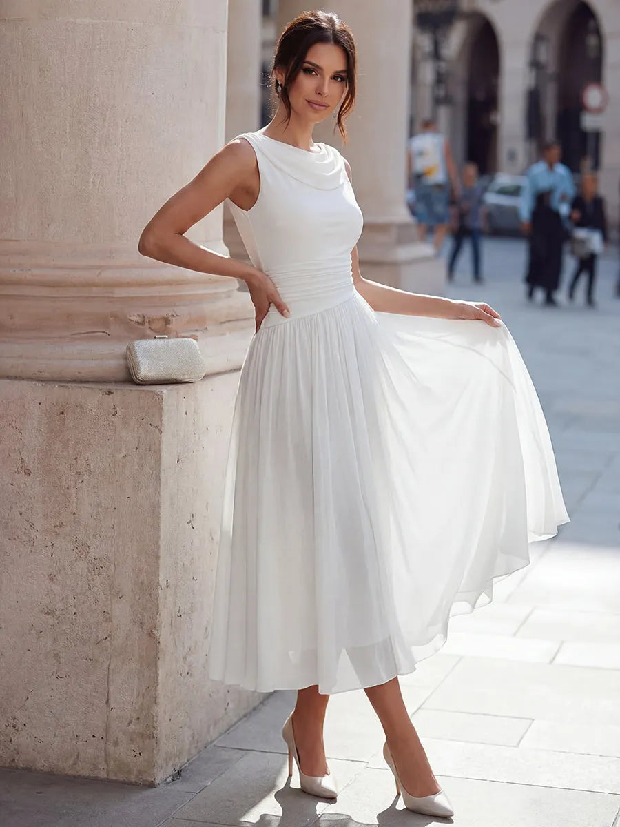 Women's Elegant Pleated Midi Wedding Guest Dress with Boat Neck