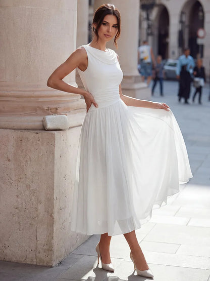 Women's Elegant Pleated Midi Wedding Guest Dress with Boat Neck