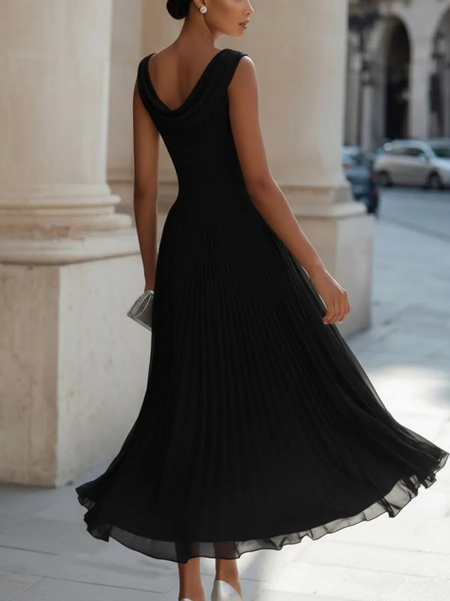 Women's Elegant Pleated Midi Wedding Guest Dress with Boat Neck