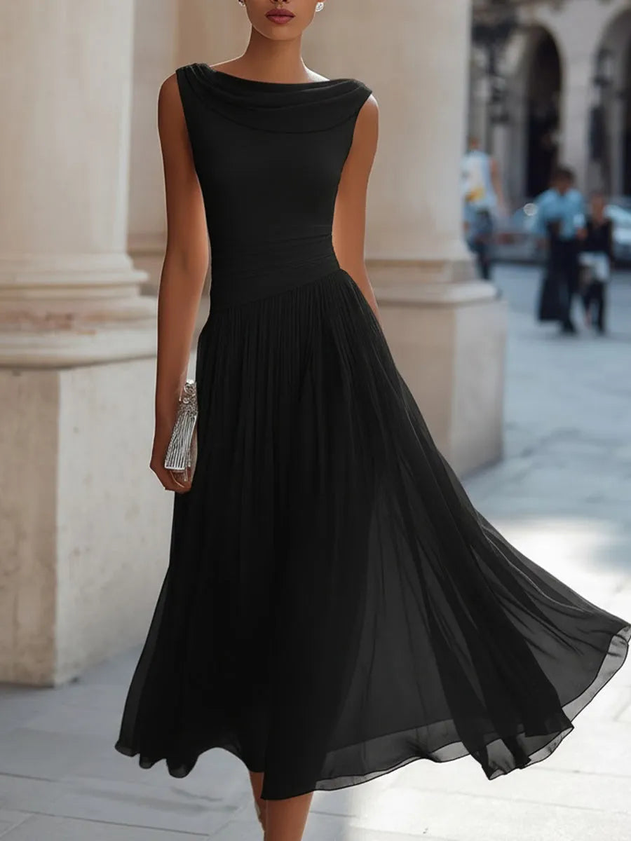 Women's Elegant Pleated Midi Wedding Guest Dress with Boat Neck
