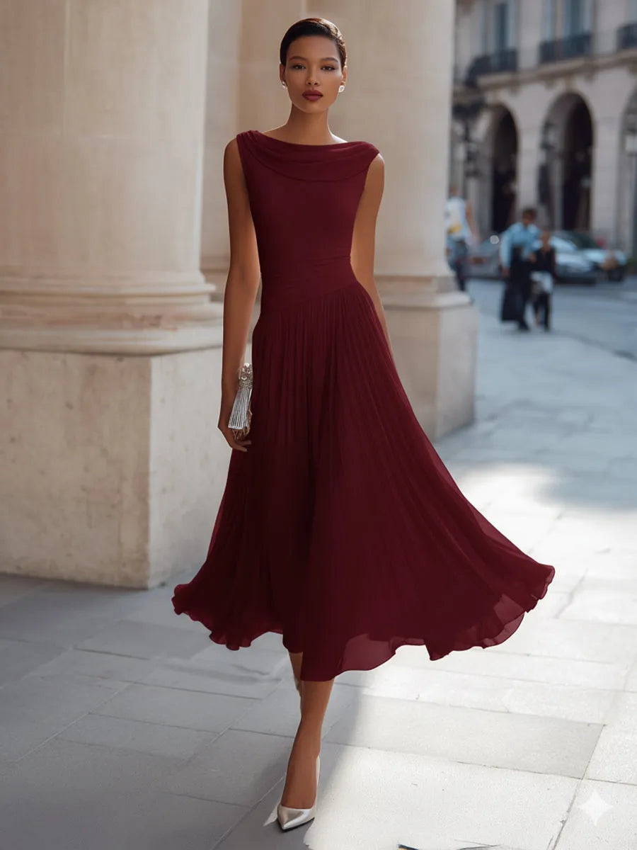 Women's Elegant Pleated Midi Wedding Guest Dress with Boat Neck