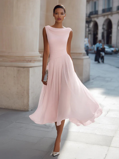 Women's Elegant Pleated Midi Wedding Guest Dress with Boat Neck