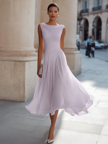 Women's Elegant Pleated Midi Wedding Guest Dress with Boat Neck