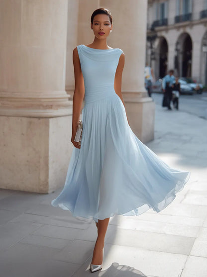 Women's Elegant Pleated Midi Wedding Guest Dress with Boat Neck