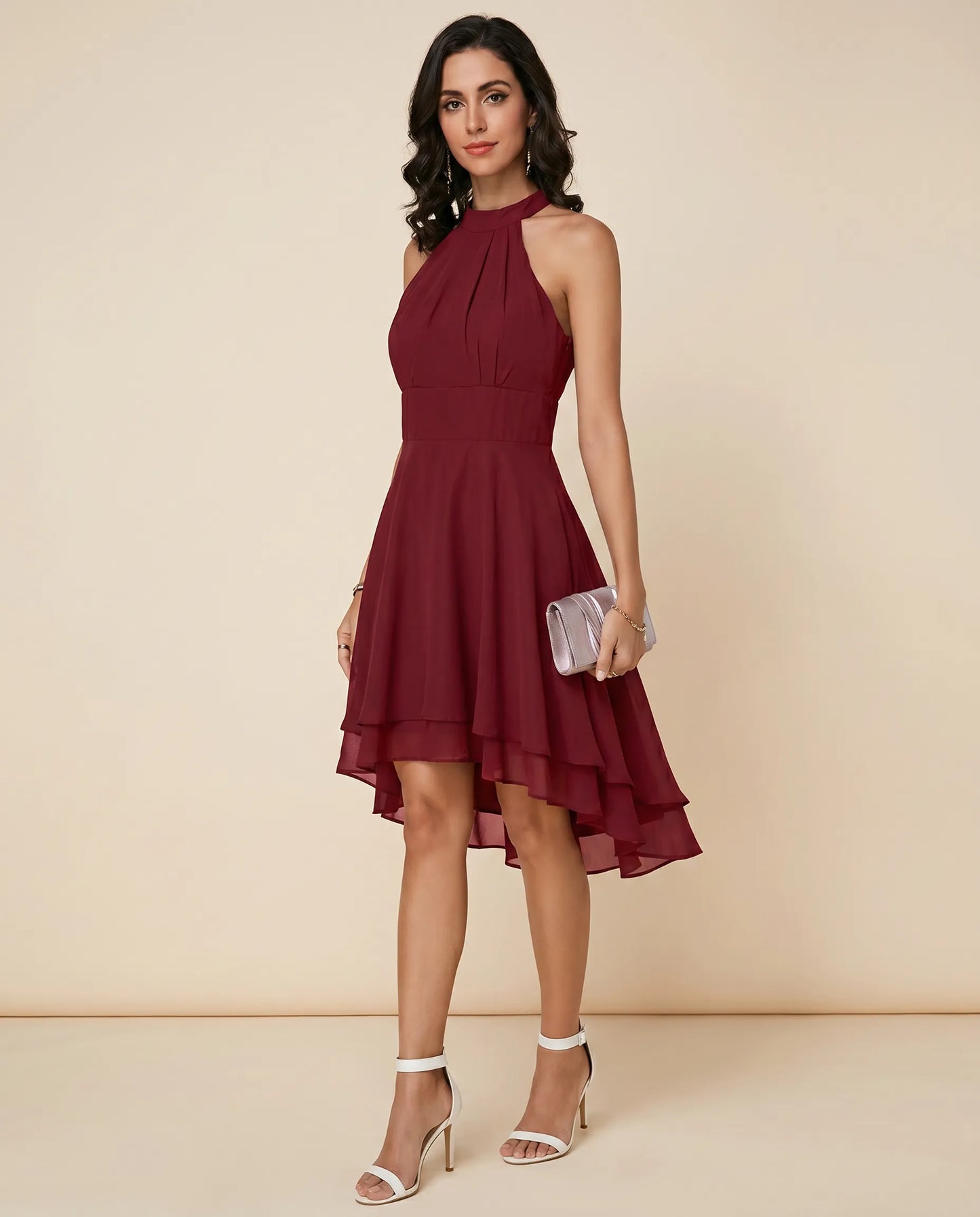 Women's Elegant Pleated Midi Wedding Guest Dress with Halter Neck