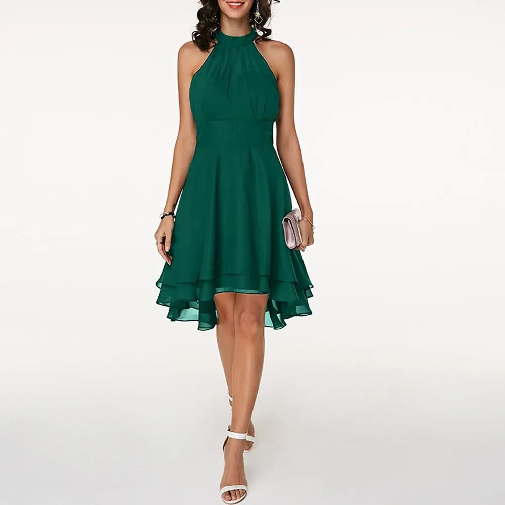 Women's Elegant Pleated Midi Wedding Guest Dress with Halter Neck