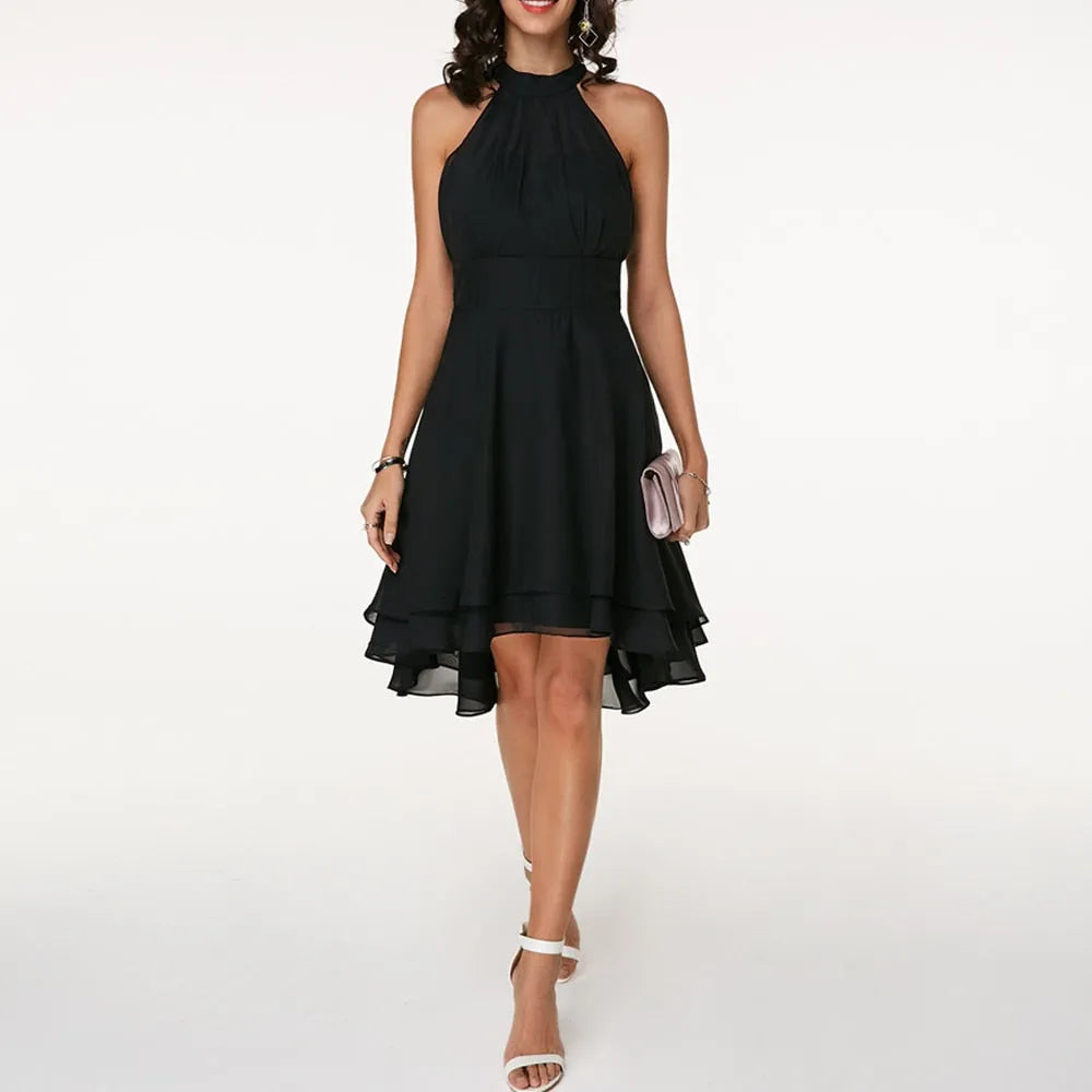 Women's Elegant Pleated Midi Wedding Guest Dress with Halter Neck