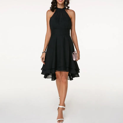 Women's Elegant Pleated Midi Wedding Guest Dress with Halter Neck
