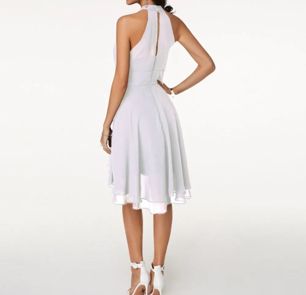 Women's Elegant Pleated Midi Wedding Guest Dress with Halter Neck