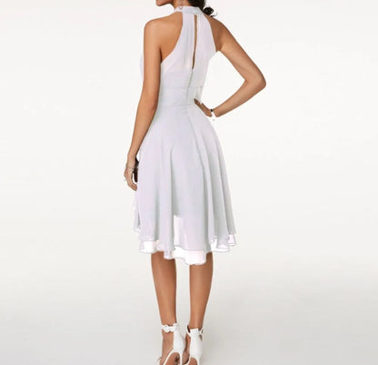 Women's Elegant Pleated Midi Wedding Guest Dress with Halter Neck