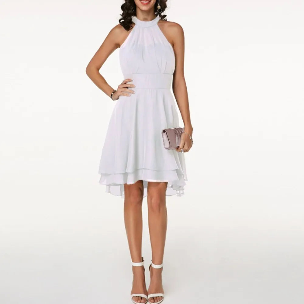 Women's Elegant Pleated Midi Wedding Guest Dress with Halter Neck
