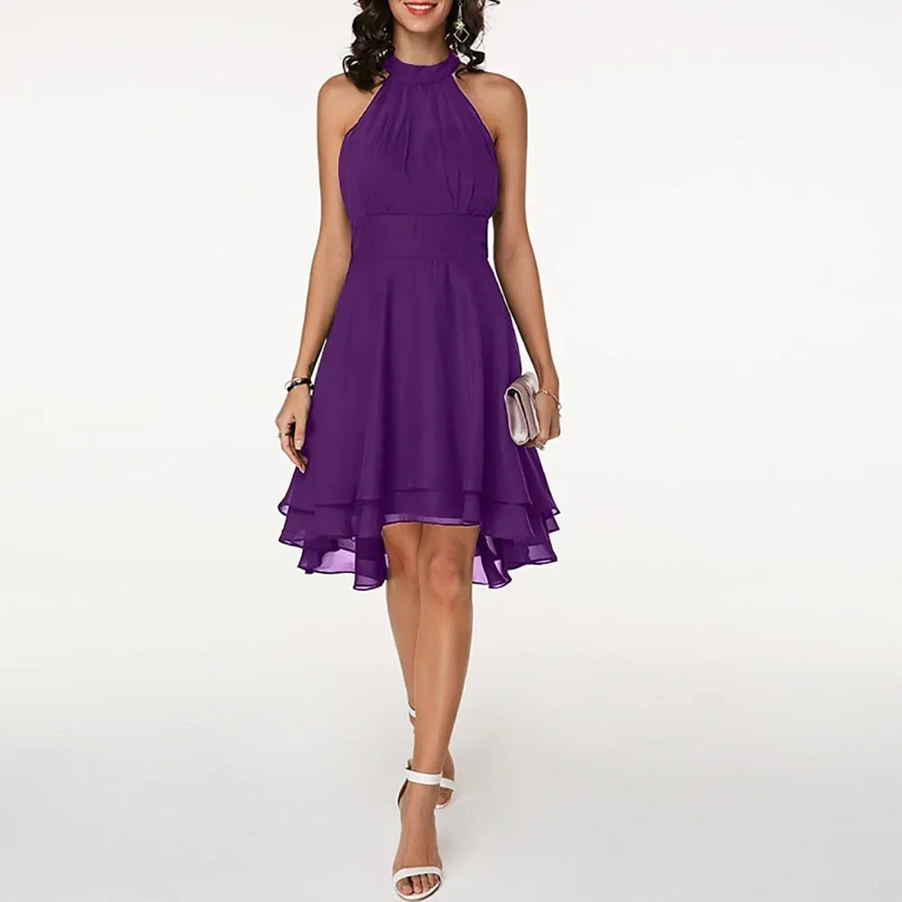Women's Elegant Pleated Midi Wedding Guest Dress with Halter Neck