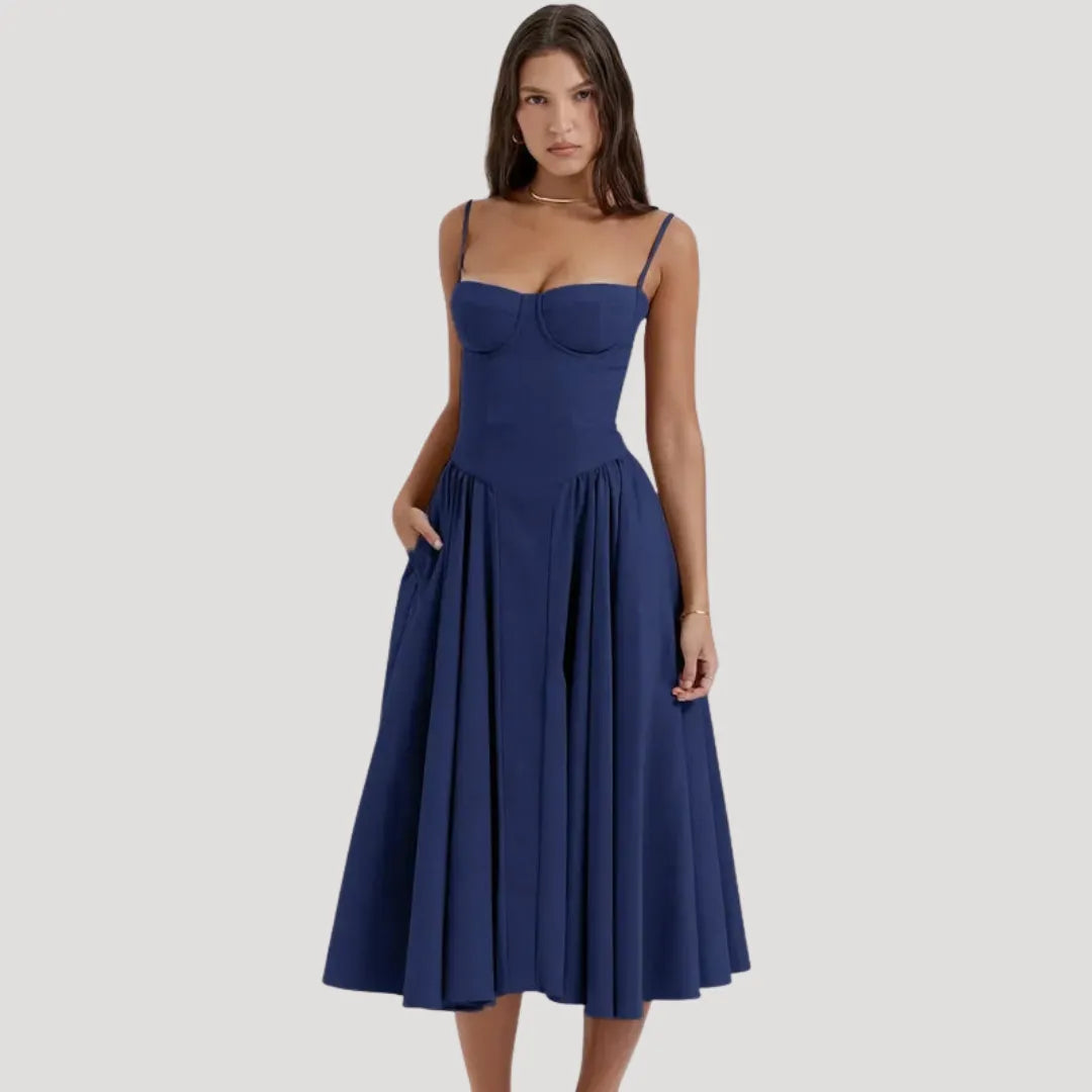 Women's Elegant Pleated Midi Wedding Guest Dress with Sweetheart Neckline