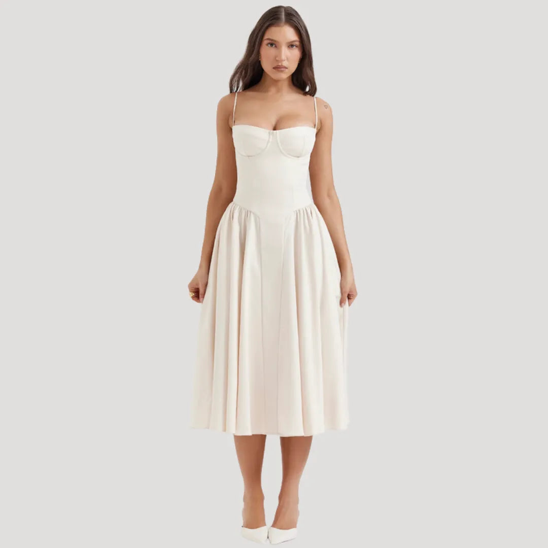 Women's Elegant Pleated Midi Wedding Guest Dress with Sweetheart Neckline