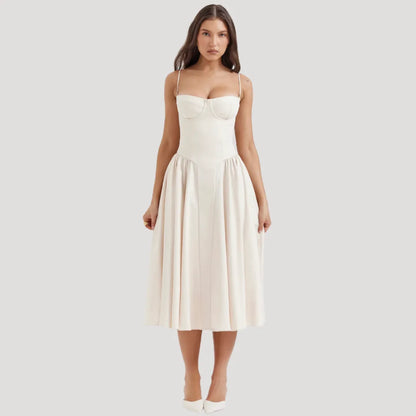 Women's Elegant Pleated Midi Wedding Guest Dress with Sweetheart Neckline