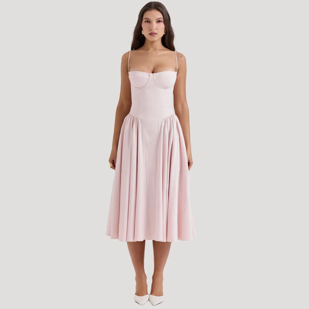 Women's Elegant Pleated Midi Wedding Guest Dress with Sweetheart Neckline