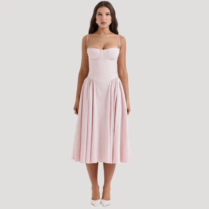Women's Elegant Pleated Midi Wedding Guest Dress with Sweetheart Neckline