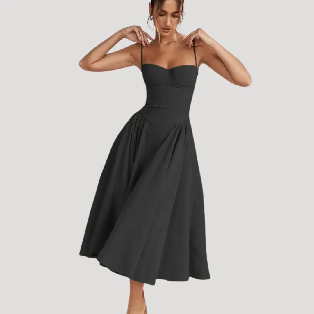 Women's Elegant Pleated Midi Wedding Guest Dress with Sweetheart Neckline