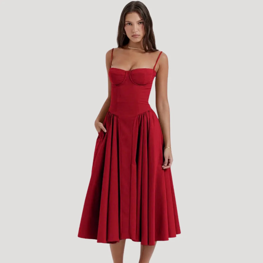 Women's Elegant Pleated Midi Wedding Guest Dress with Sweetheart Neckline