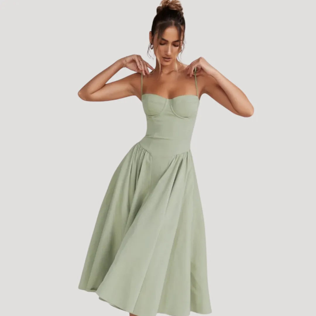 Women's Elegant Pleated Midi Wedding Guest Dress with Sweetheart Neckline