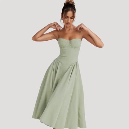 Women's Elegant Pleated Midi Wedding Guest Dress with Sweetheart Neckline